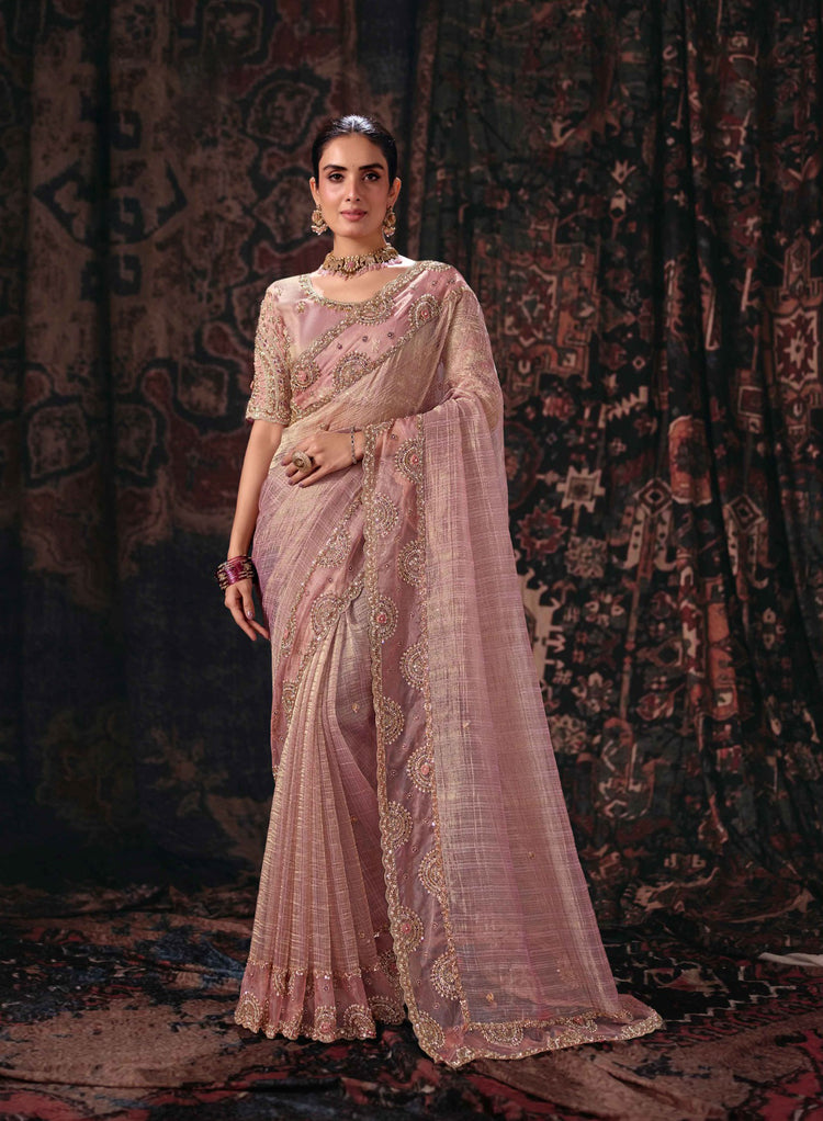 Pink Lining Salsa Saree with Embroidered Paisleys and Scalloped Trim