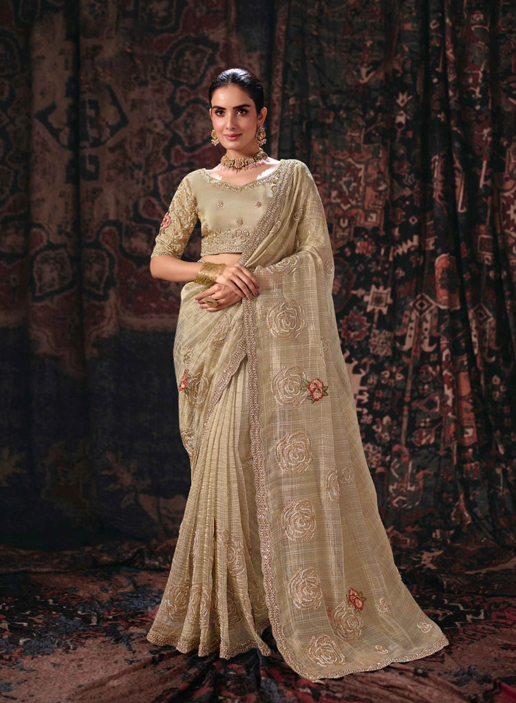 Chiku Lining Salsa Saree with Rose Motifs and Embroidered Border