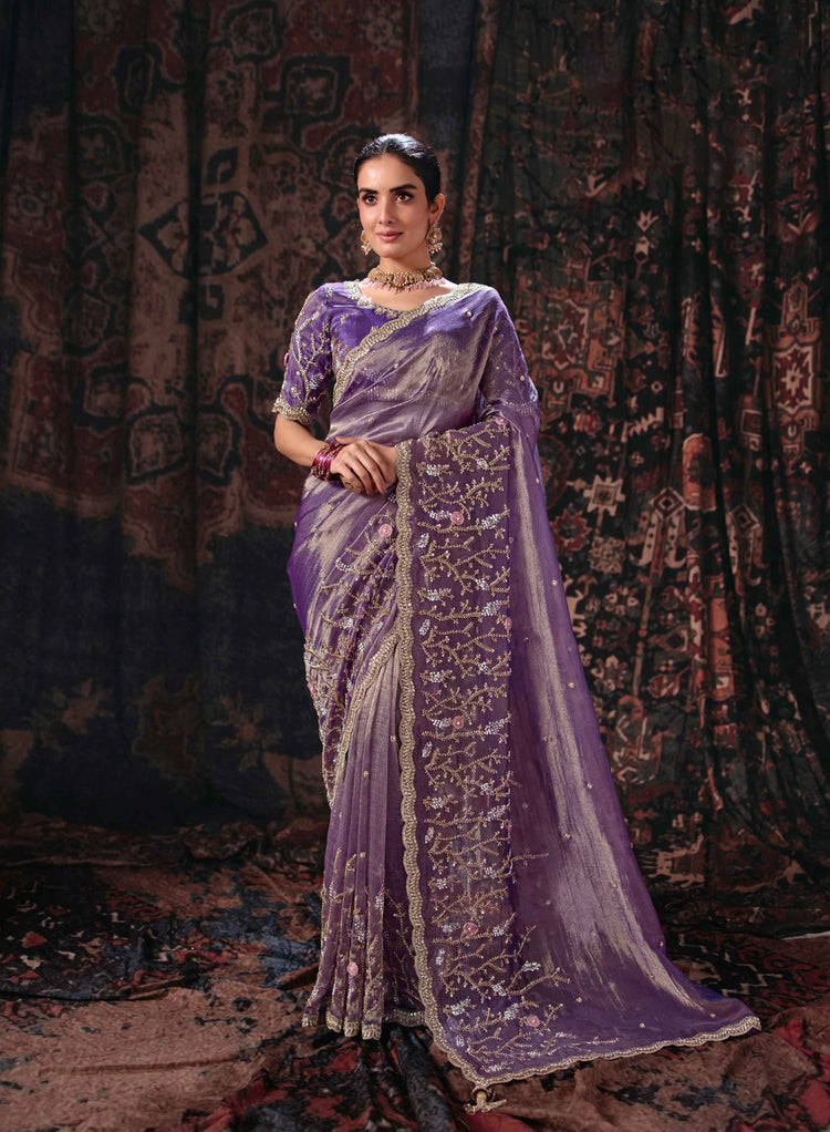 Dark Purple Salsa Saree with Floral Vine Embroidered Pallu