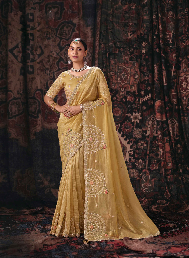 Yellow Salsa Saree with Ornamental Embroidered Arches and Beads
