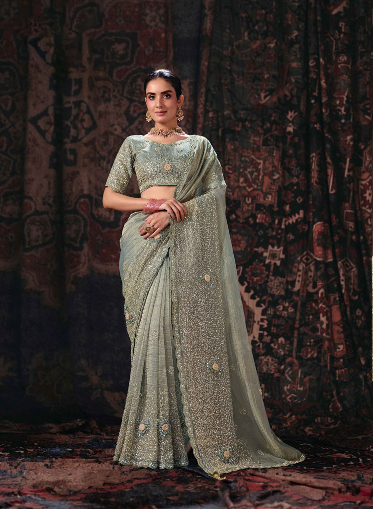 Grey Salsa Saree with Heavy Embroidery Beads and Stone Work