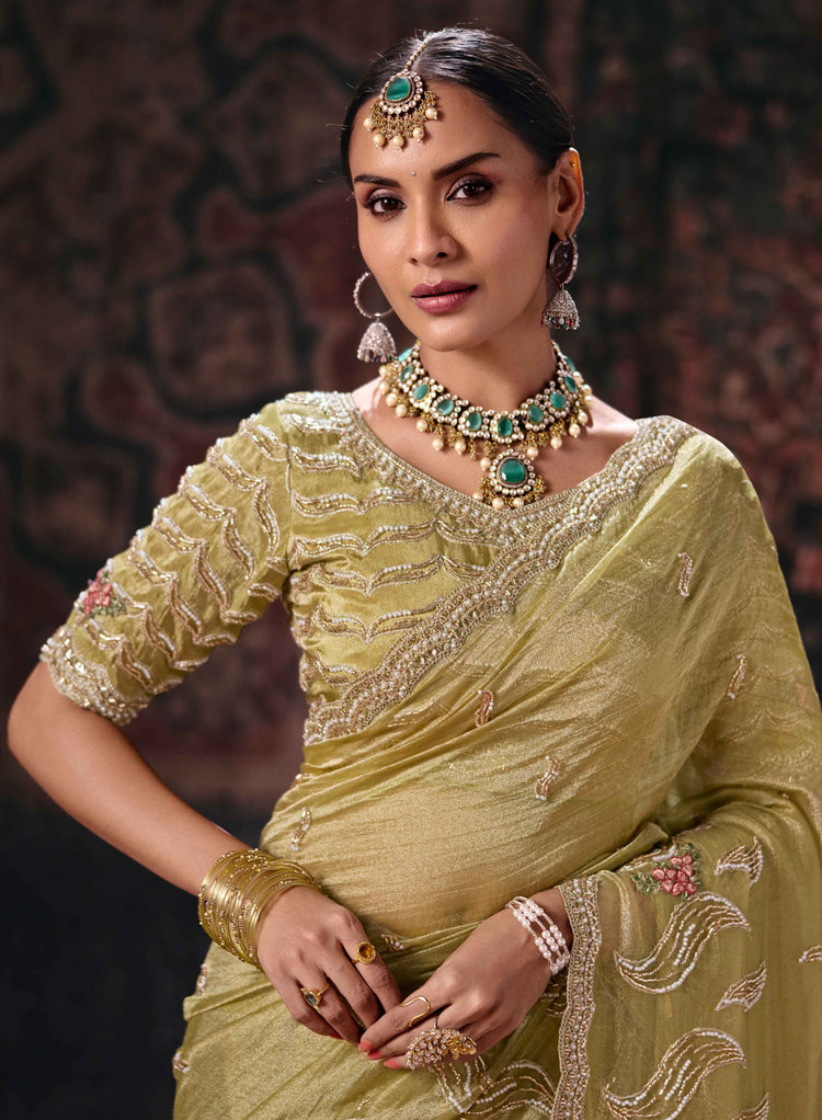 Pista Salsa Saree with Flowing Leaf Embroidery and Floral Accents, photo 2