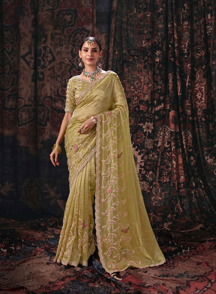 Pista Salsa Saree with Flowing Leaf Embroidery and Floral Accents