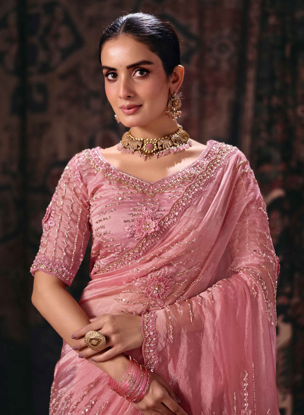 Pink Bala Silk Saree with Cascading Beaded Lines and Embroidery, photo 2
