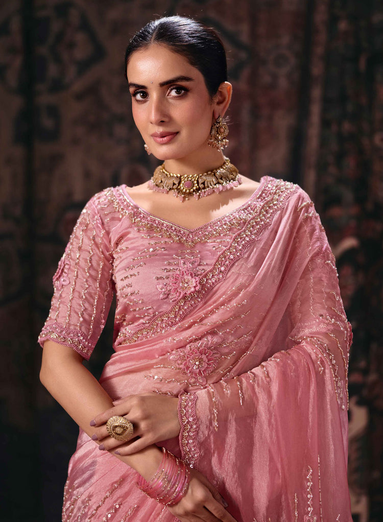 Pink Bala Silk Saree with Cascading Beaded Lines and Embroidery, photo 2