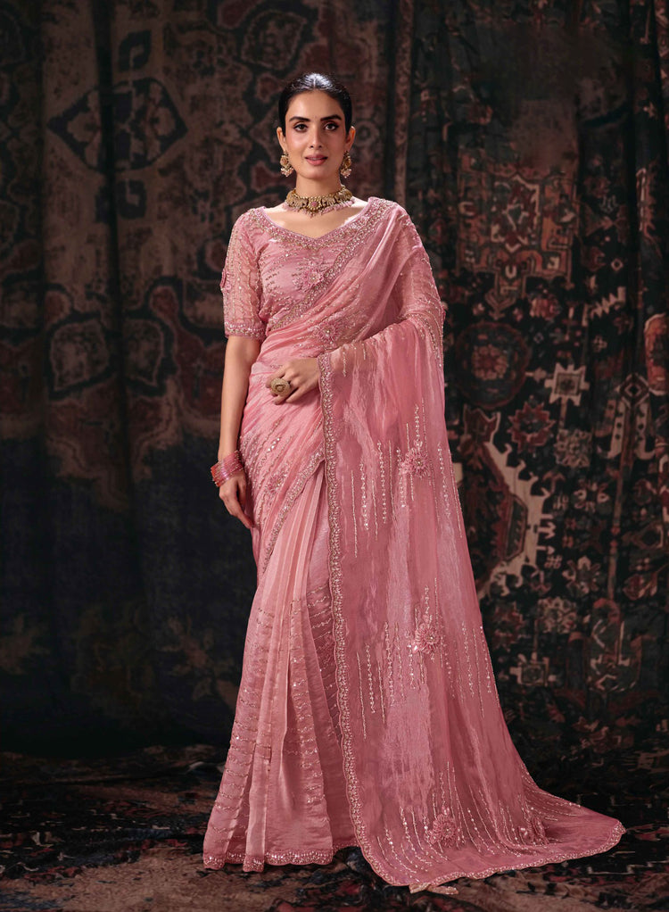 Pink Bala Silk Saree with Cascading Beaded Lines and Embroidery