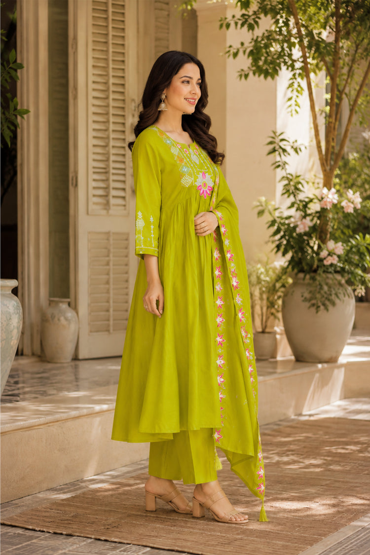 Lime Green Roman Silk Anarkali Suit with Lotus Embroidery, photo 4