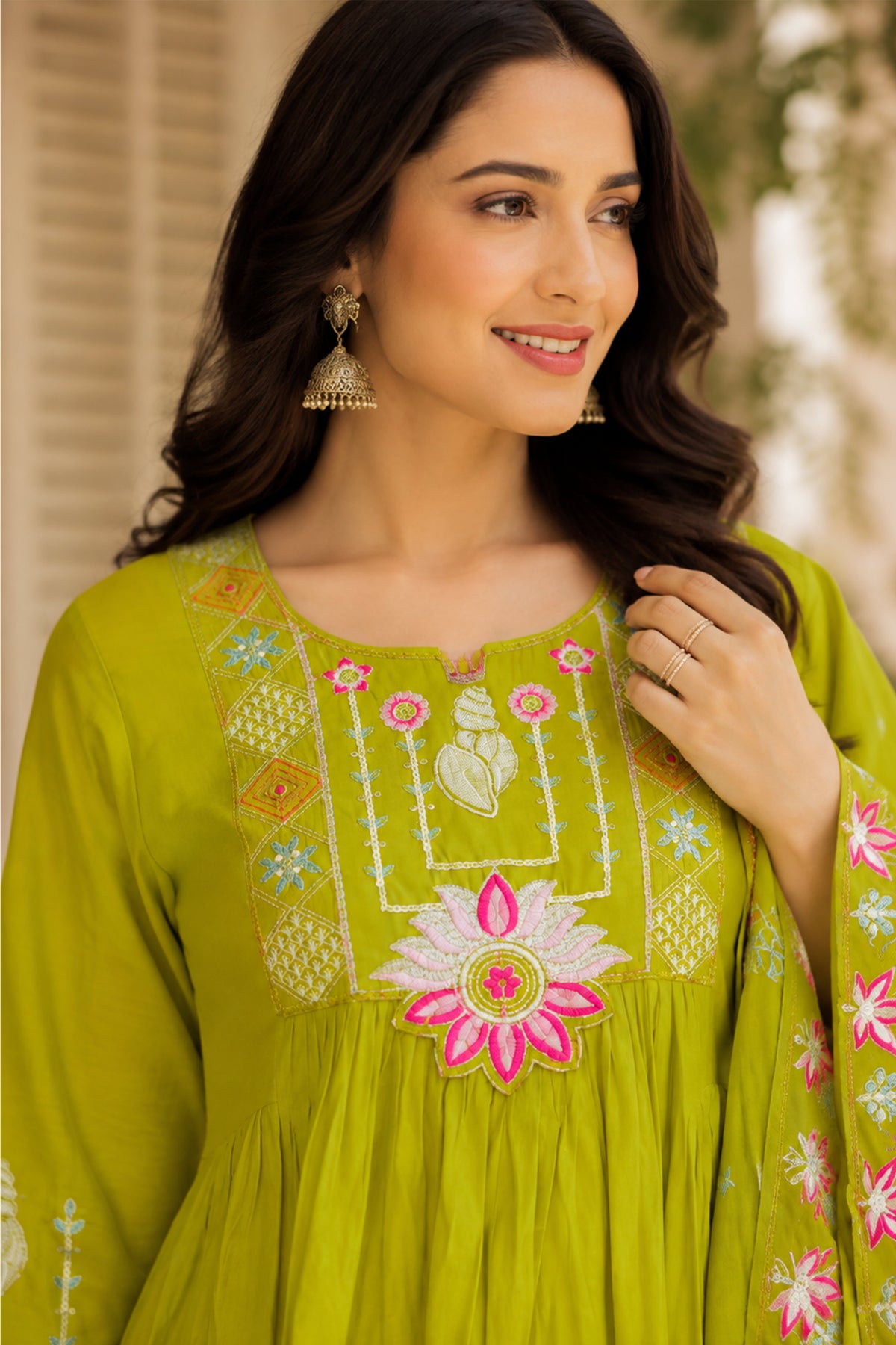 Lime Green Roman Silk Anarkali Suit with Lotus Embroidery, photo 3
