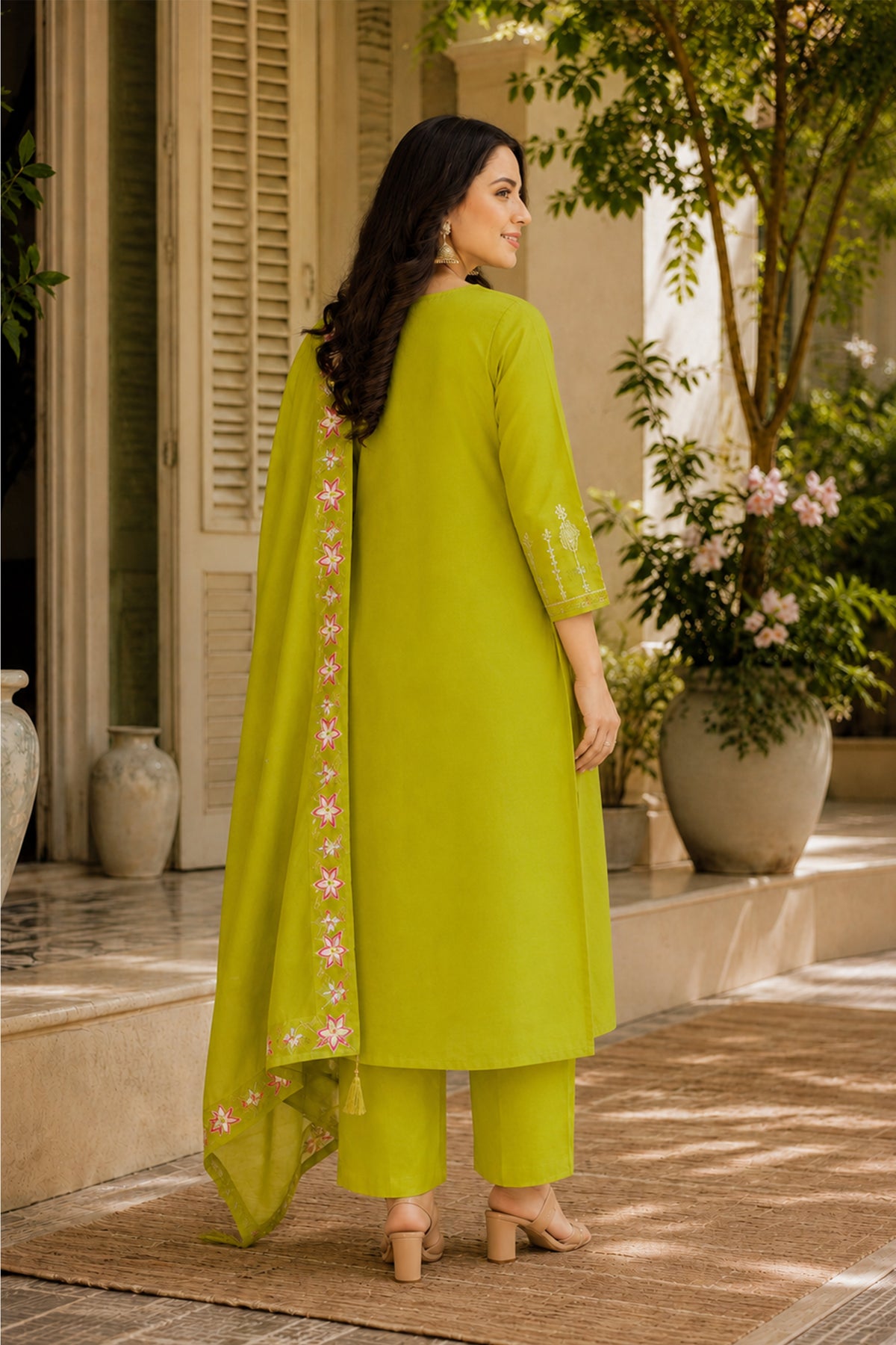 Lime Green Roman Silk Anarkali Suit with Lotus Embroidery, photo 2