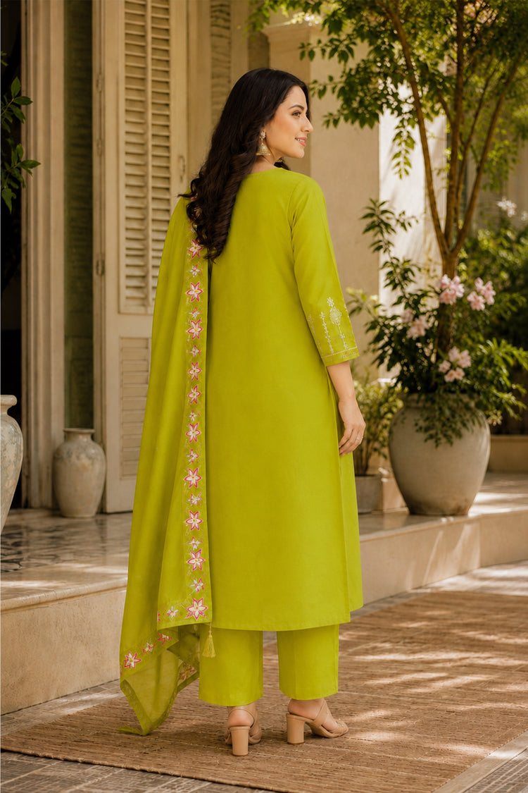Lime Green Roman Silk Anarkali Suit with Lotus Embroidery, photo 2