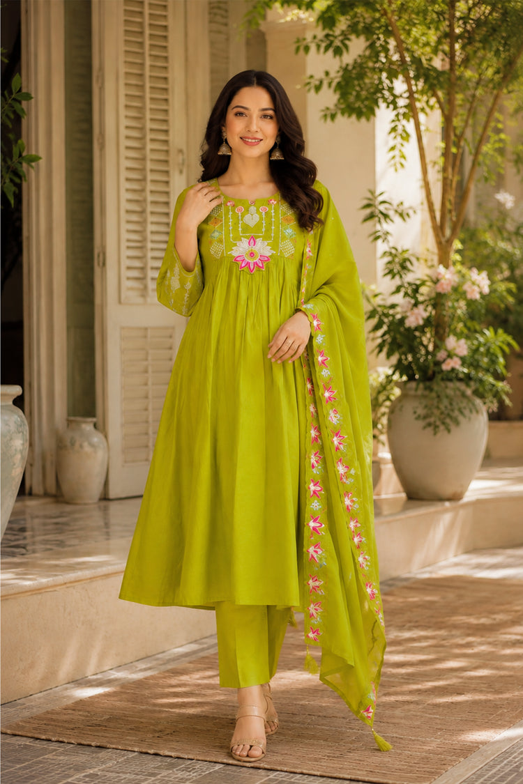 Lime Green Roman Silk Anarkali Suit with Lotus Embroidery