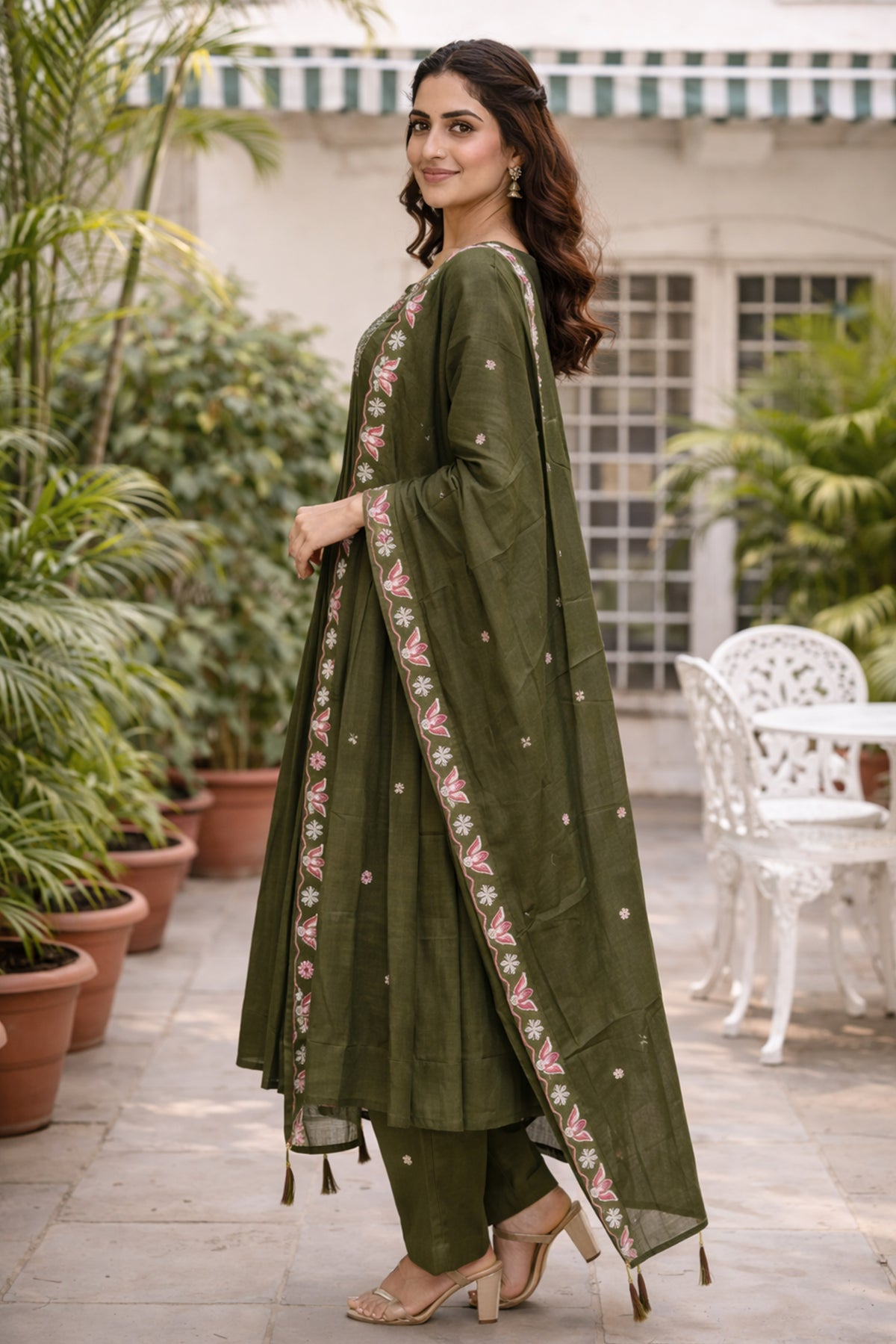 Mehndi Green Anarkali Suit with Pink Lotus Embroidered Dupatta, photo 4