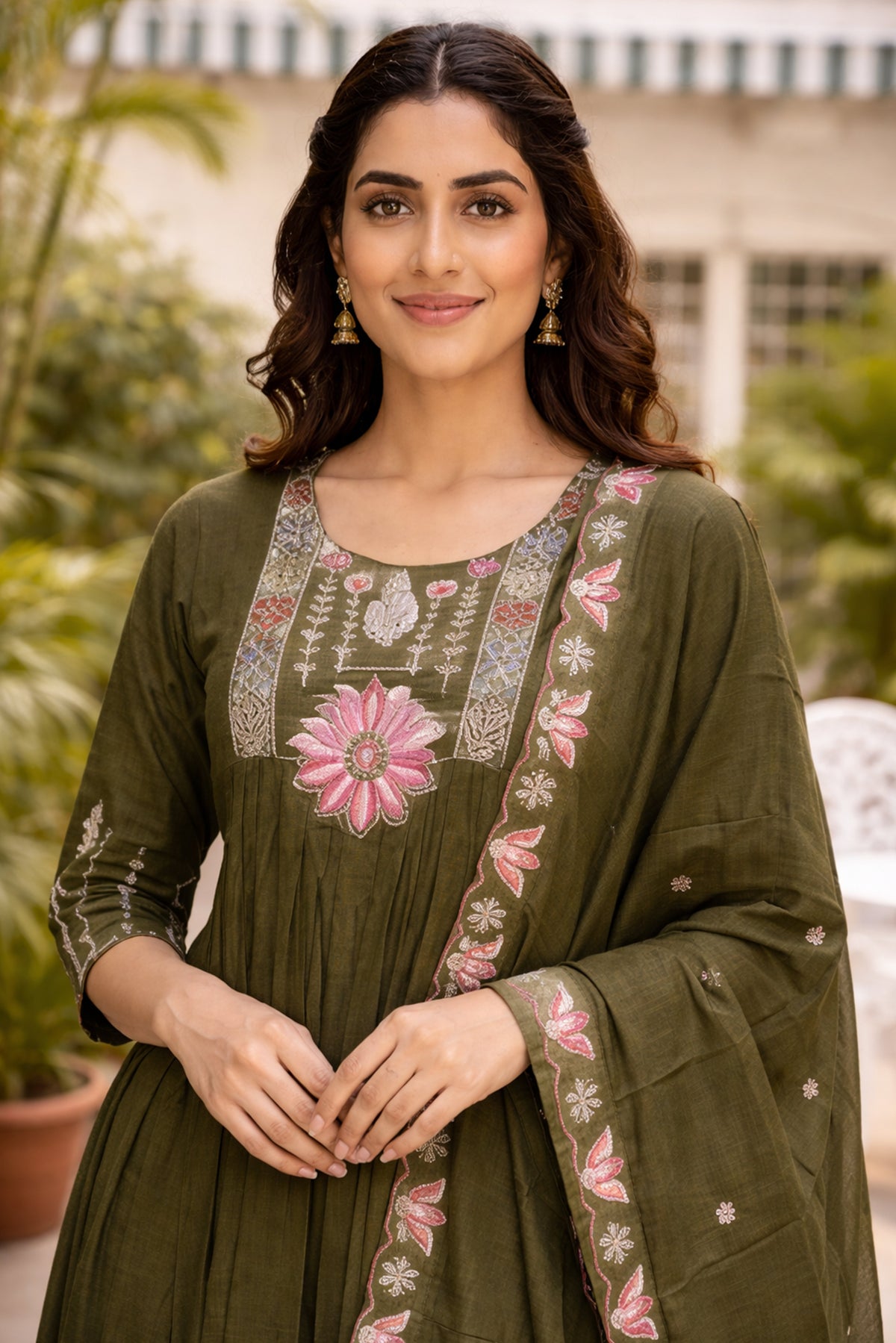 Mehndi Green Anarkali Suit with Pink Lotus Embroidered Dupatta, photo 3