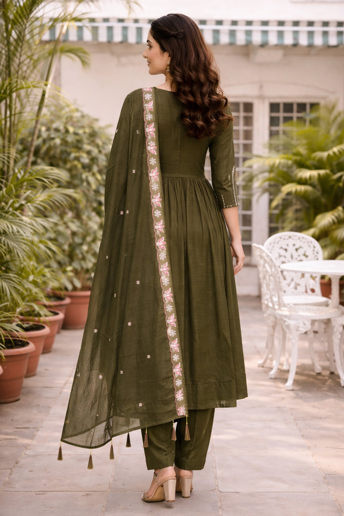 Mehndi Green Anarkali Suit with Pink Lotus Embroidered Dupatta, photo 2