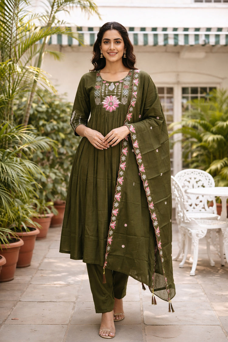 Mehndi Green Anarkali Suit with Pink Lotus Embroidered Dupatta