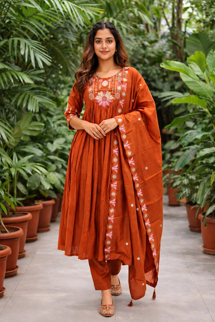 Rust Orange Roman Silk Anarkali Suit with Floral Border Dupatta