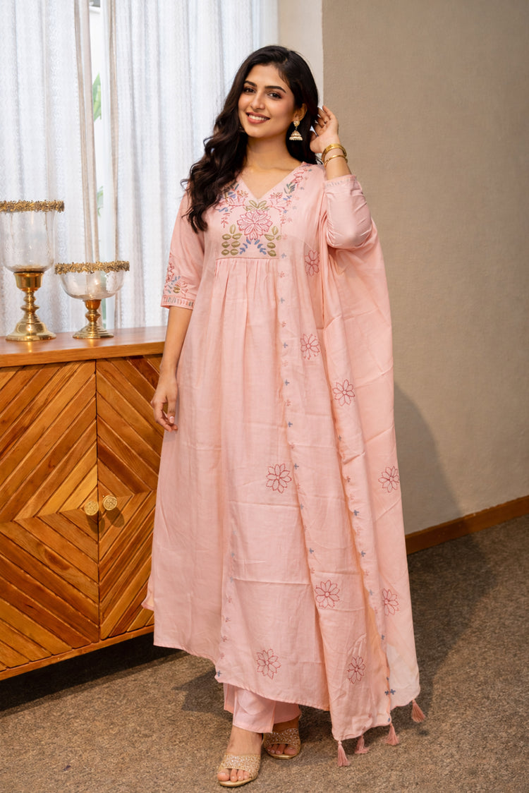 Light Pink V-Neck Anarkali Suit with Floral Thread Embroidery