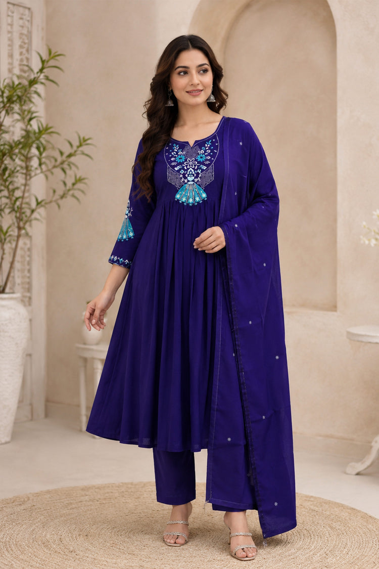 Violet Anarkali Suit Set with Turquoise Peacock-Fan Yoke Embroidery