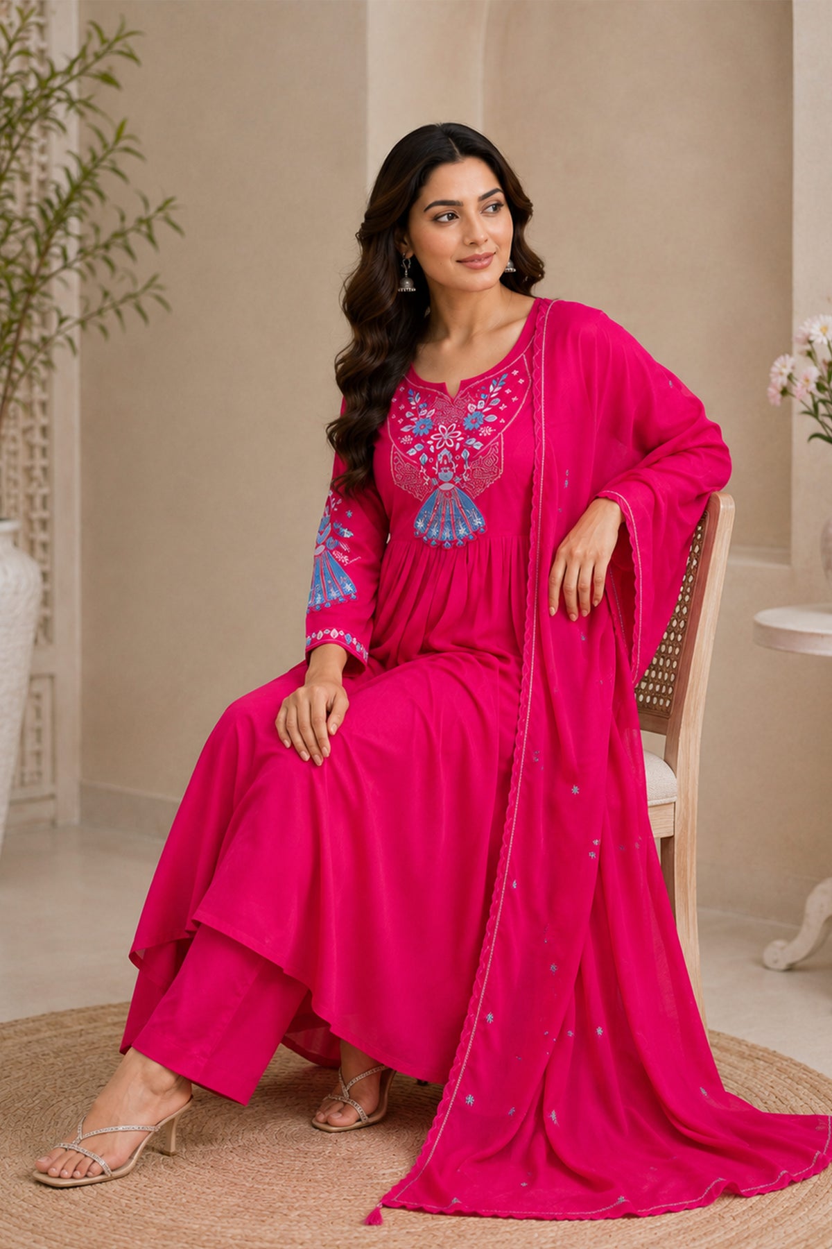 Rani Pink Anarkali Suit with Blue Fan Motif Embroidery, photo 4
