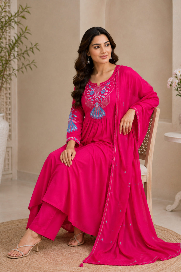 Rani Pink Anarkali Suit with Blue Fan Motif Embroidery, photo 4
