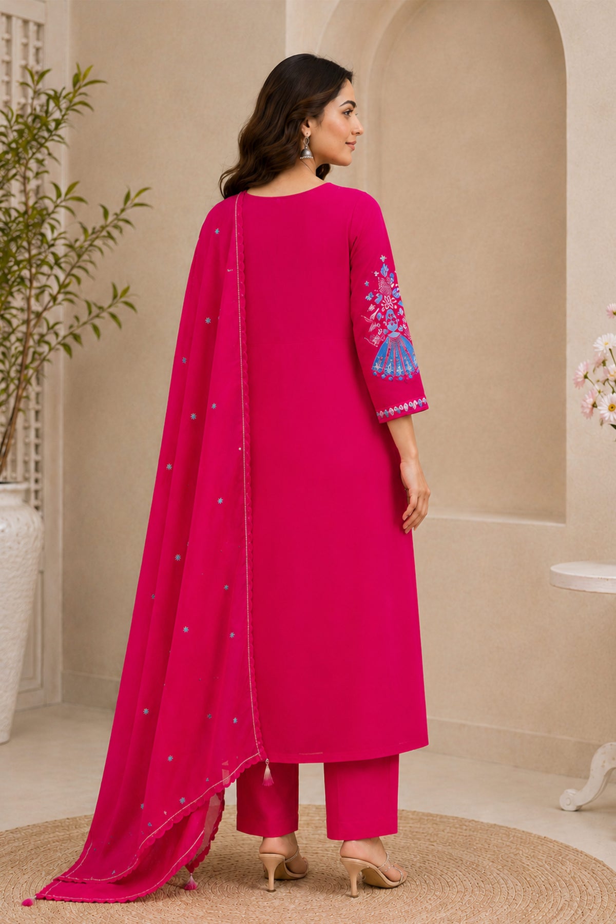 Rani Pink Anarkali Suit with Blue Fan Motif Embroidery, photo 2