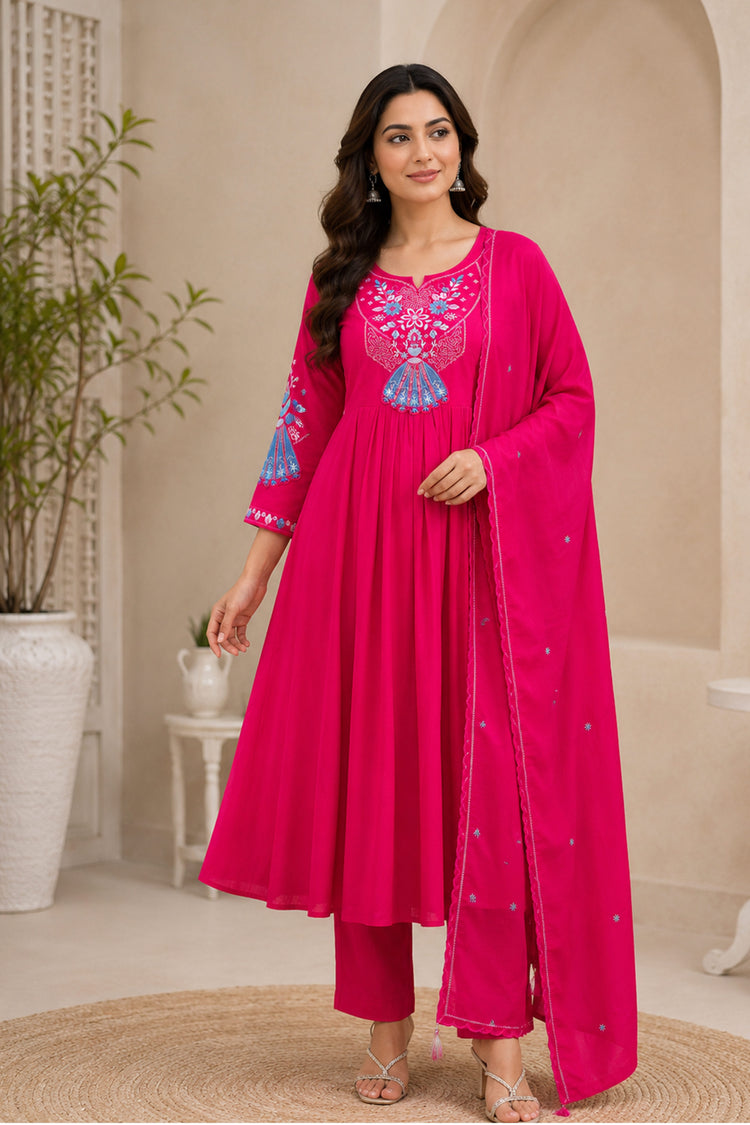 Rani Pink Anarkali Suit with Blue Fan Motif Embroidery