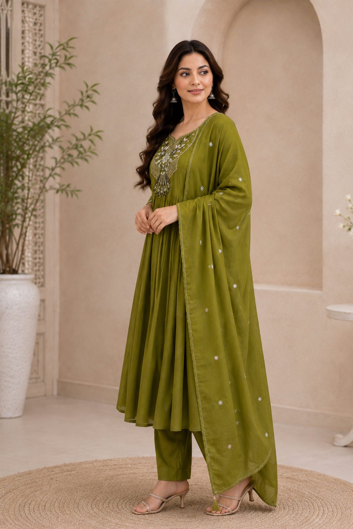 Olive Green Anarkali Suit with Ivory Fan Motif Embroidery, photo 4