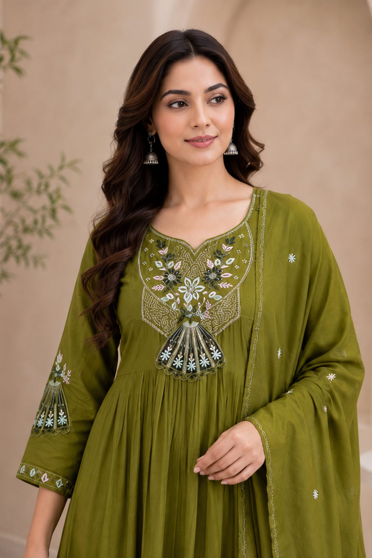 Olive Green Anarkali Suit with Ivory Fan Motif Embroidery, photo 3