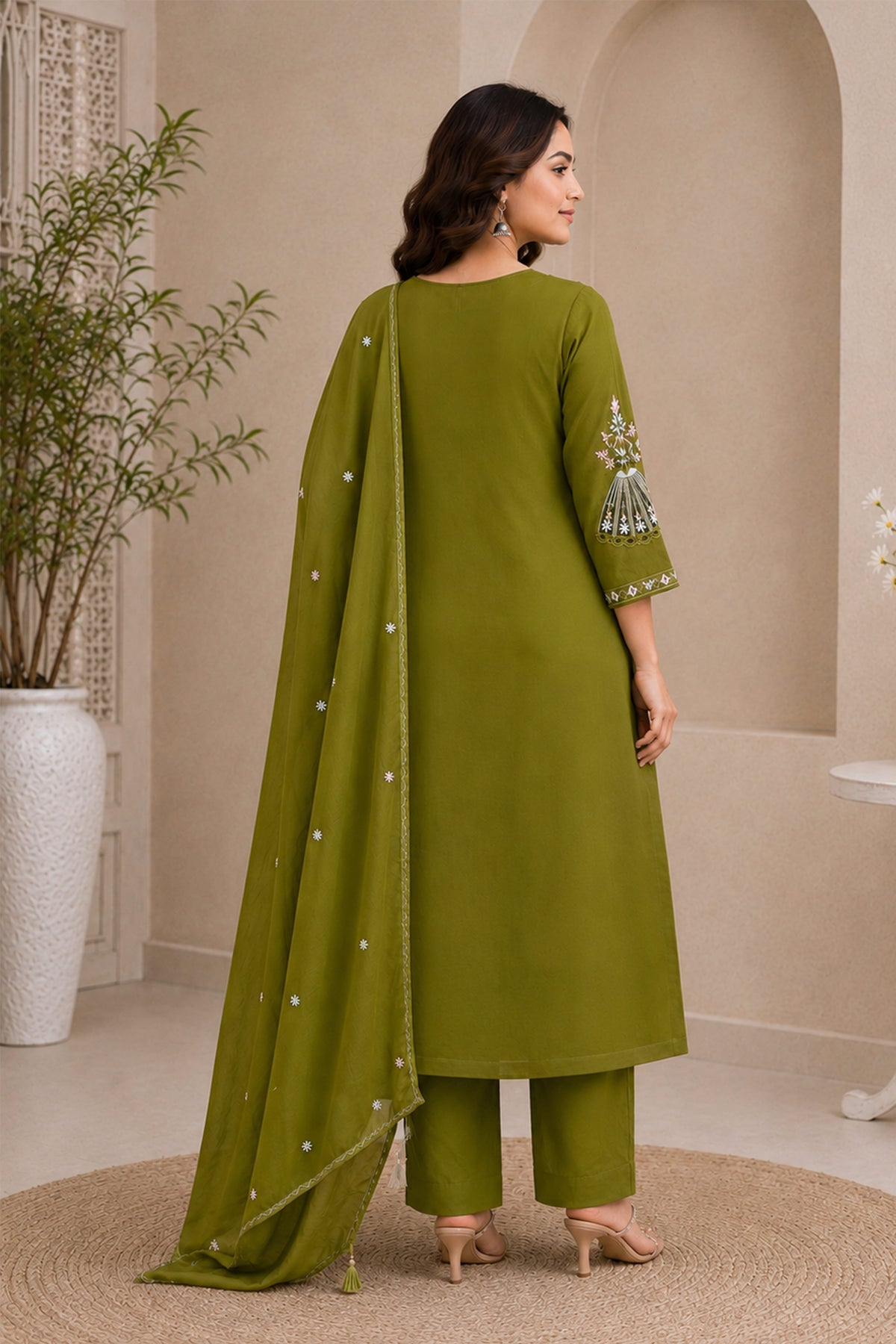 Olive Green Anarkali Suit with Ivory Fan Motif Embroidery, photo 2