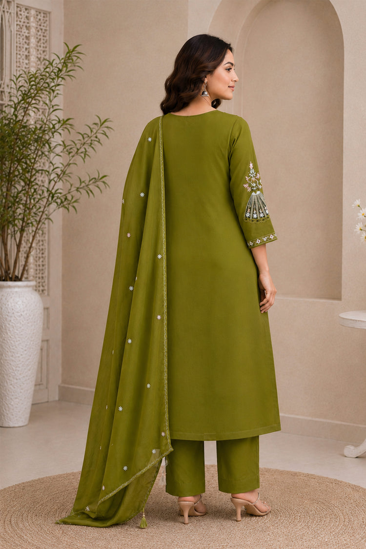 Olive Green Anarkali Suit with Ivory Fan Motif Embroidery, photo 2