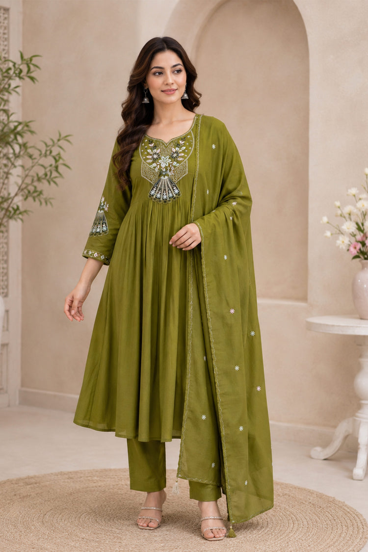 Olive Green Anarkali Suit with Ivory Fan Motif Embroidery