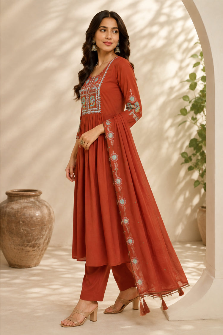 Rust Red Anarkali Suit with Mint Medallion Embroidered Dupatta, photo 4