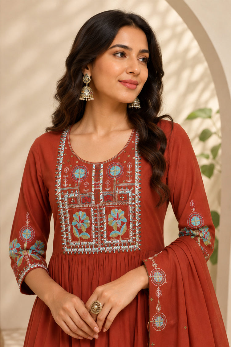 Rust Red Anarkali Suit with Mint Medallion Embroidered Dupatta, photo 3
