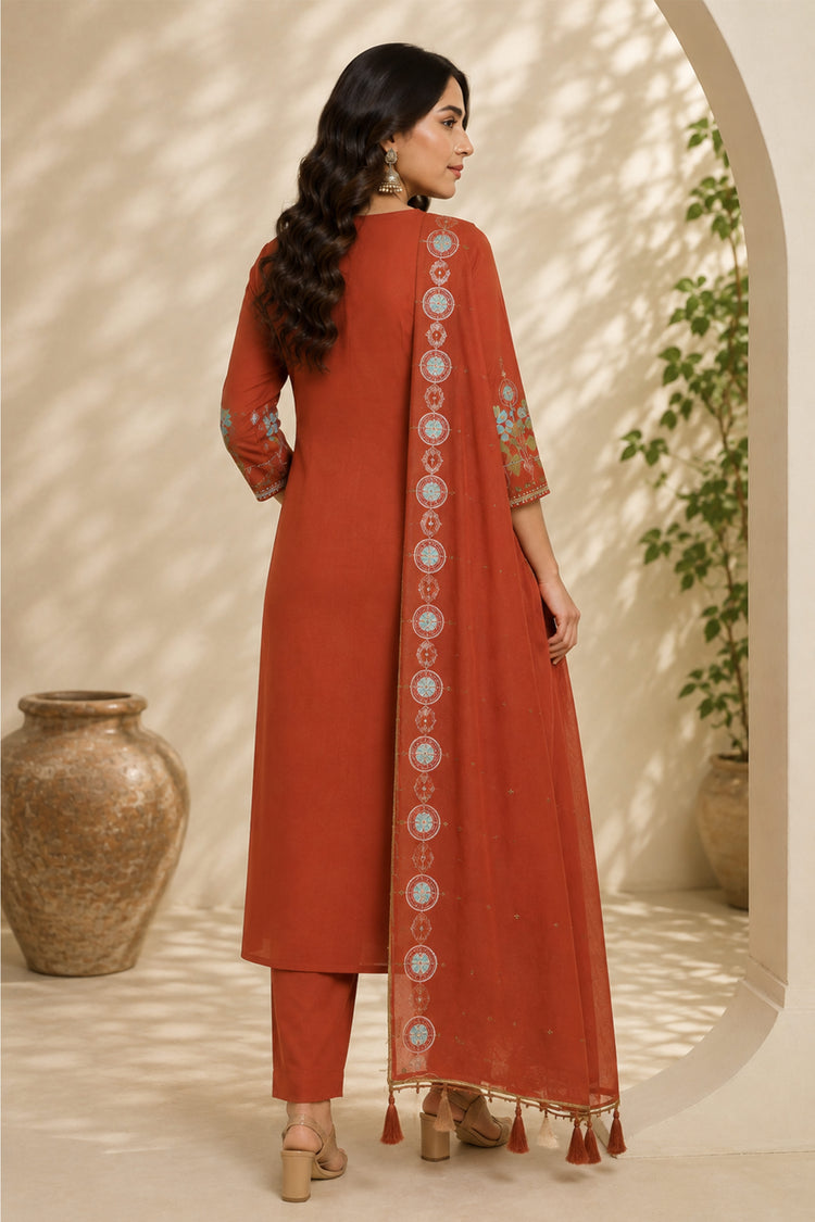 Rust Red Anarkali Suit with Mint Medallion Embroidered Dupatta, photo 2