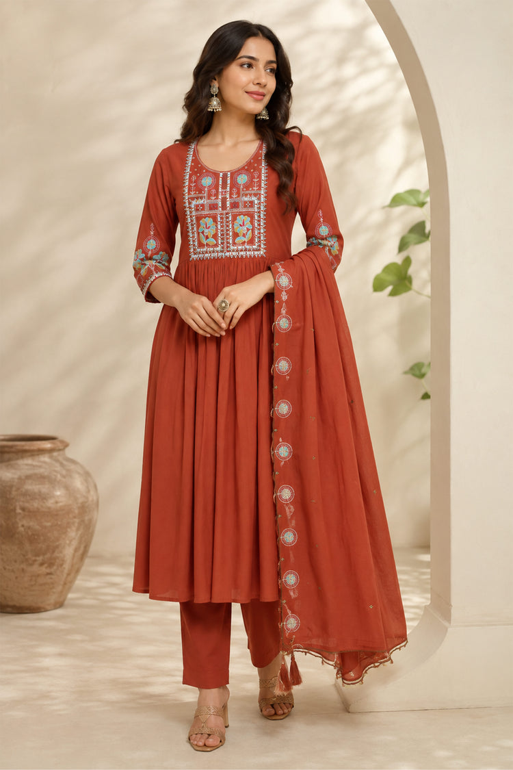 Rust Red Anarkali Suit with Mint Medallion Embroidered Dupatta