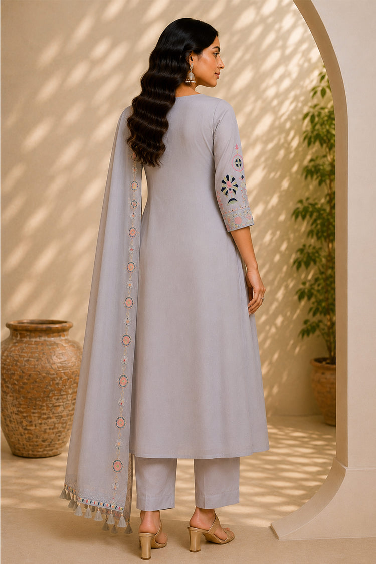 Pale Grey Anarkali Suit with Geometric Yoke and Tasselled Dupatta, photo 2