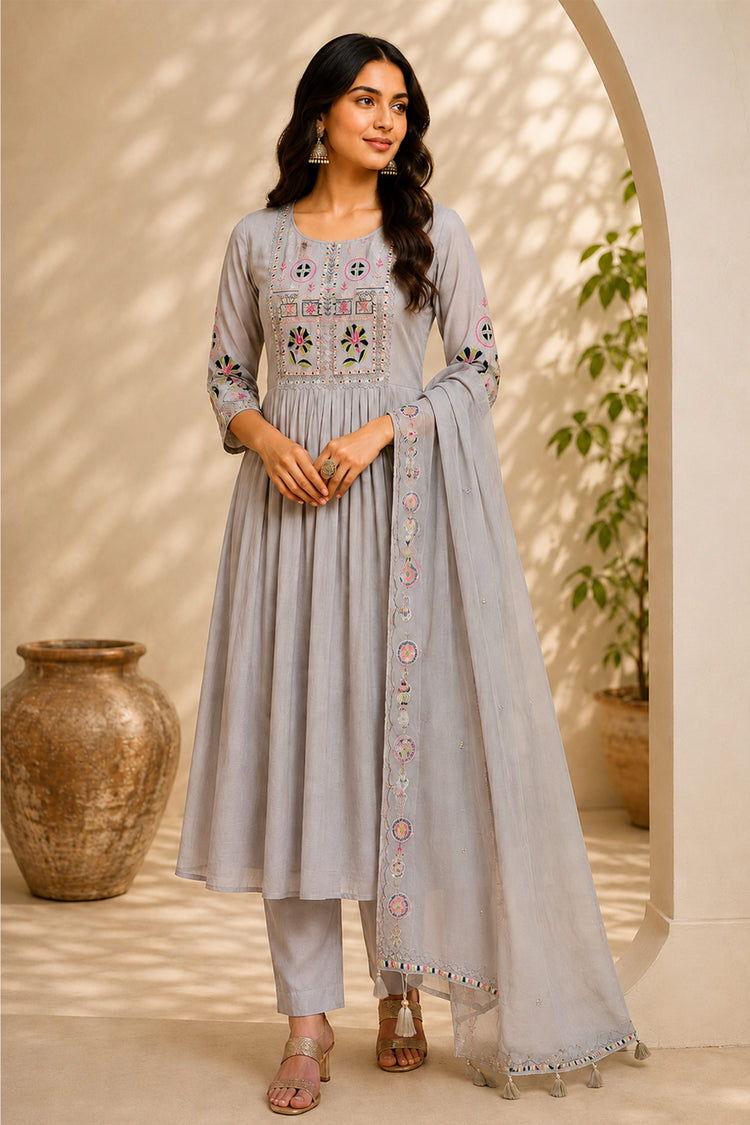 Pale Grey Anarkali Suit with Geometric Yoke and Tasselled Dupatta