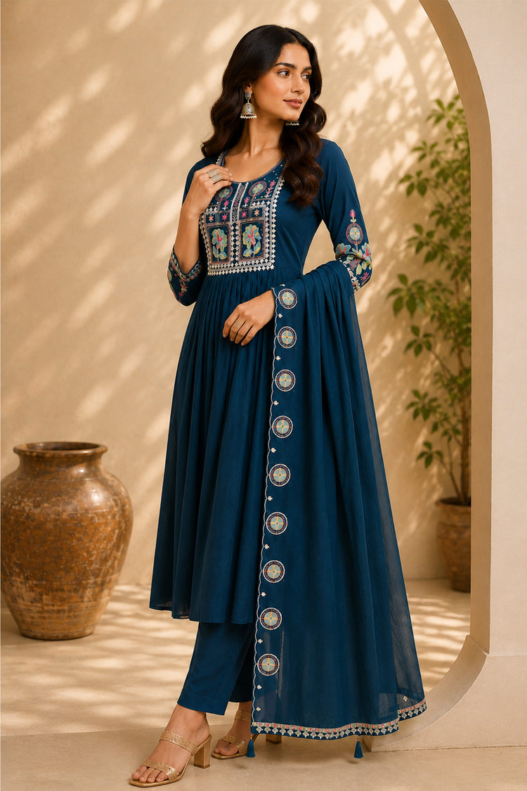Teal Blue Roman Silk Anarkali Suit with Medallion Dupatta Border, photo 4