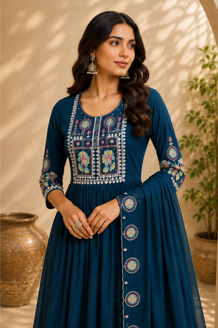 Teal Blue Roman Silk Anarkali Suit with Medallion Dupatta Border, photo 3