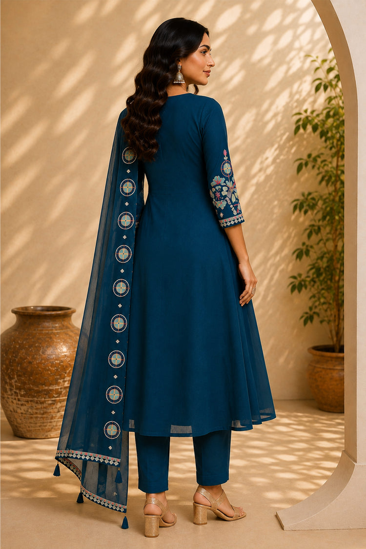 Teal Blue Roman Silk Anarkali Suit with Medallion Dupatta Border, photo 2