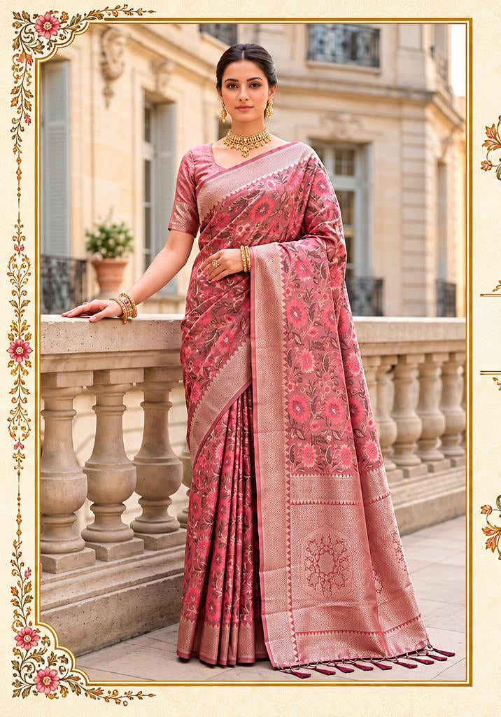 Rose Pink Banarasi Silk Saree with Floral Vines and Tassels