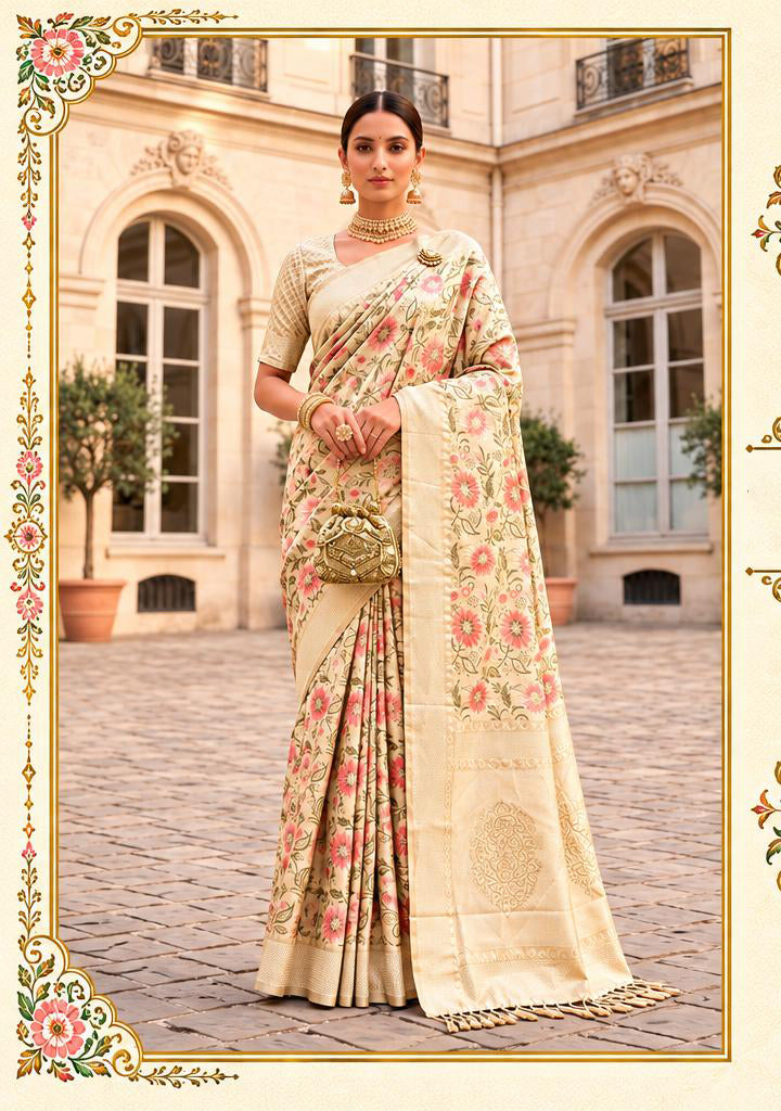 Beige Banarasi Silk Saree with Pink Blossoms and Medallion Pallu