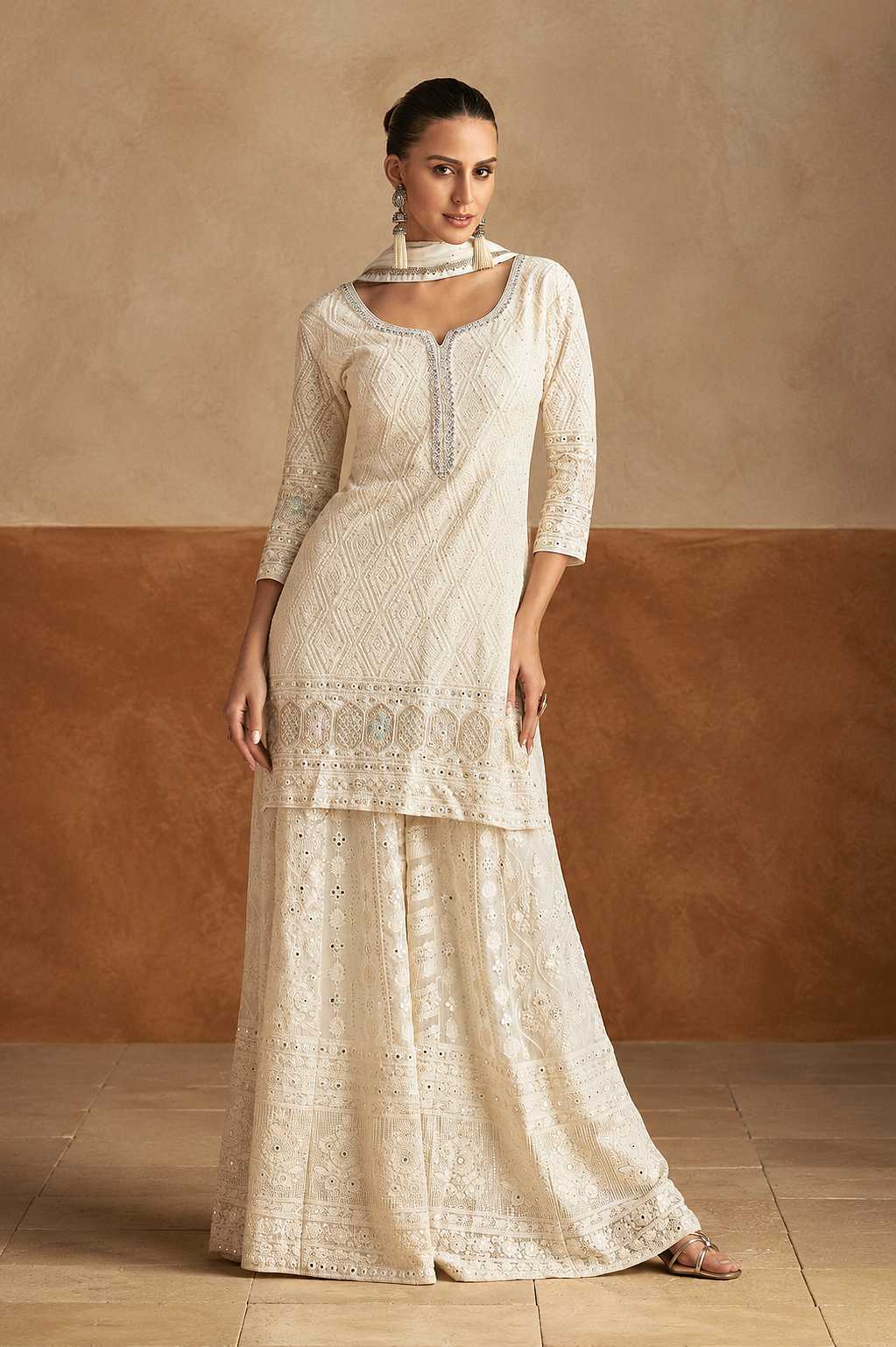 Off-White Viscose Embroidered Palazzo Suit Set with Silk Dupatta