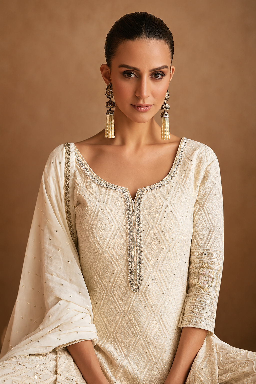 Off-White Viscose Embroidered Palazzo Suit Set with Silk Dupatta