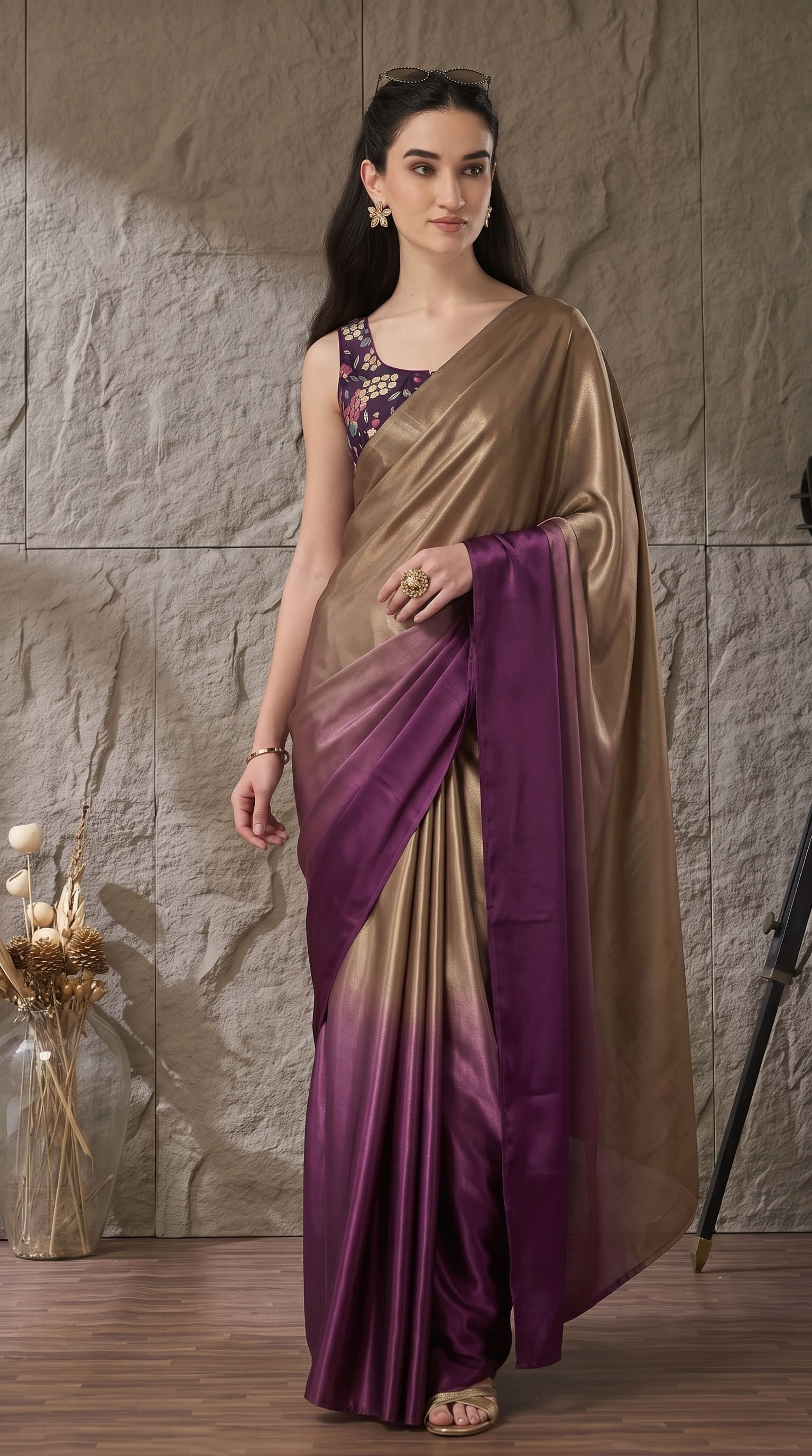 Purple Satin Draped Designer Saree