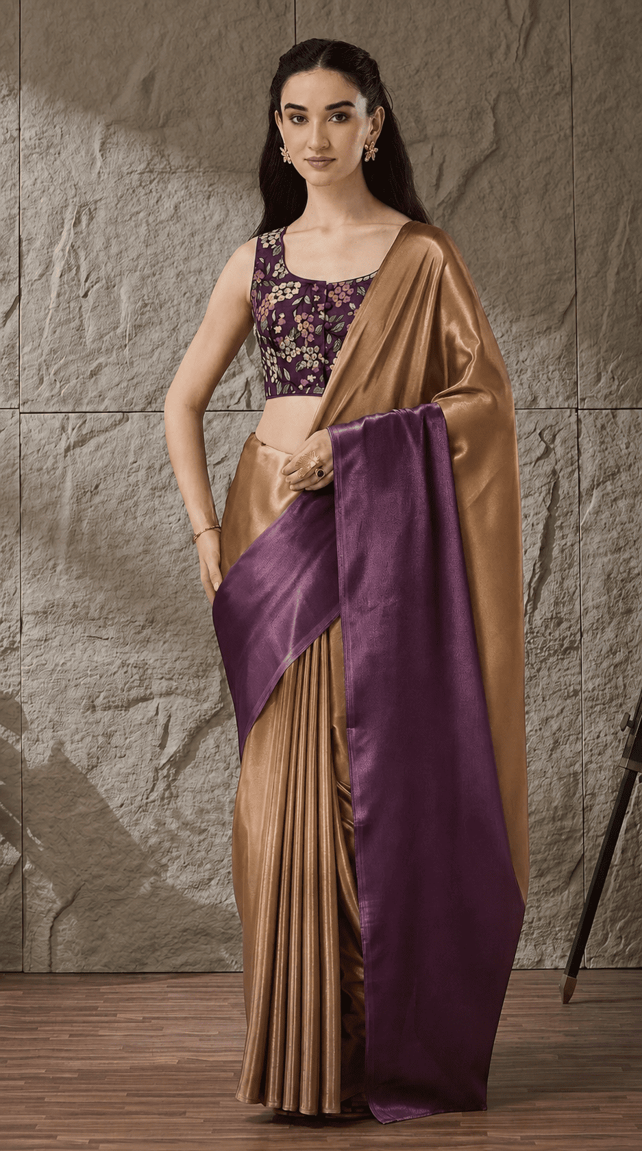 Purple Satin Draped Designer Saree