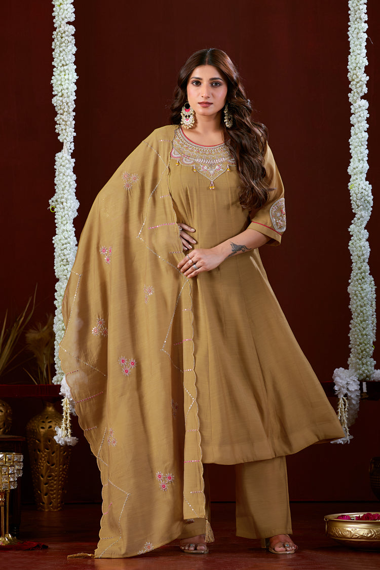 Beige Mul Slub Anarkali Kurta Set