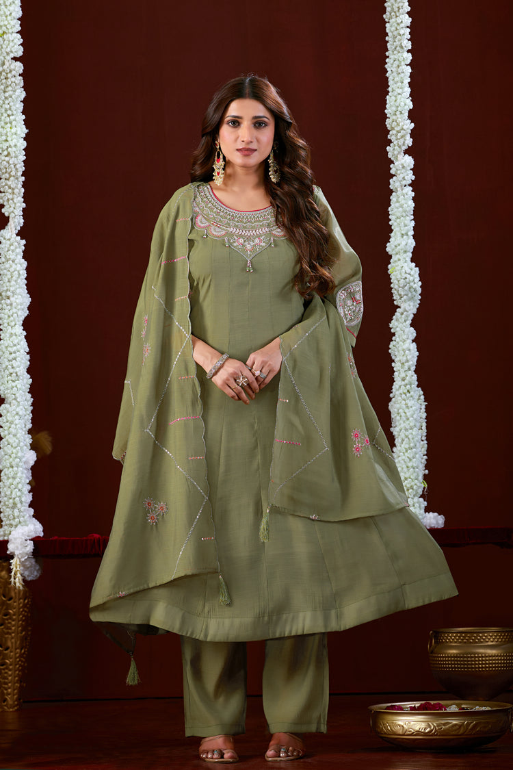 Green Mul Slub Anarkali Kurta Set, photo 3