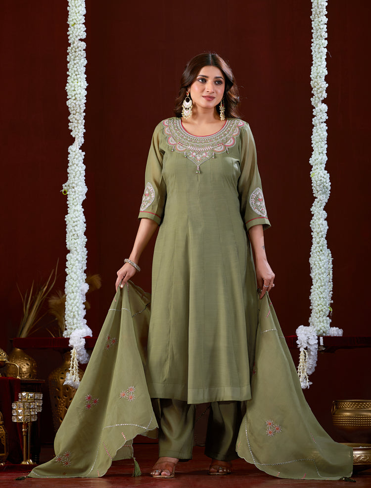 Green Mul Slub Anarkali Kurta Set