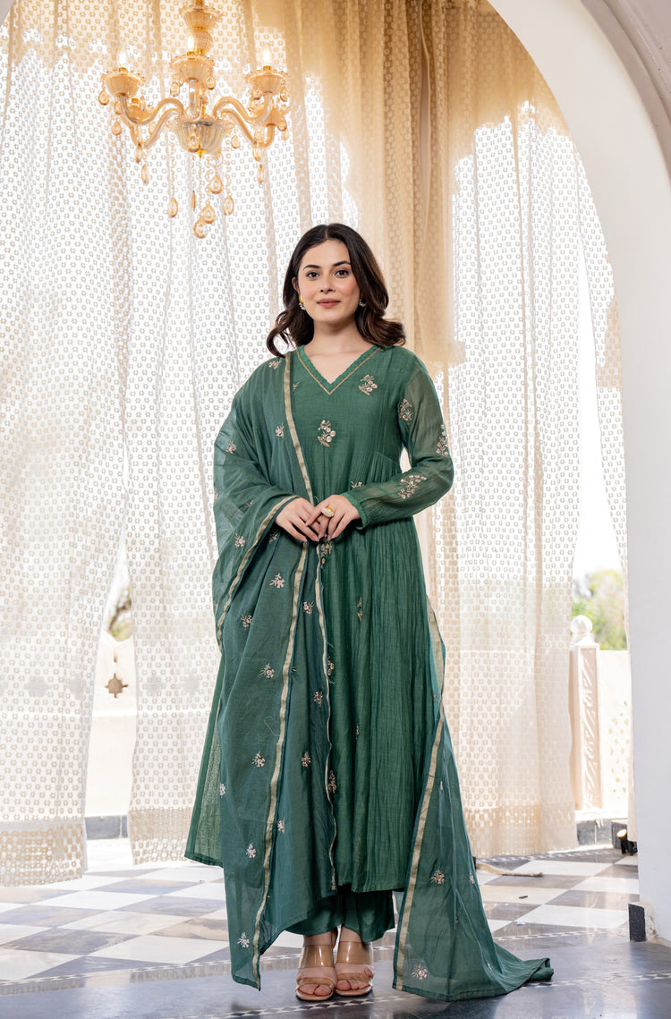 Green Chanderi Silk A-Line Kurta Set